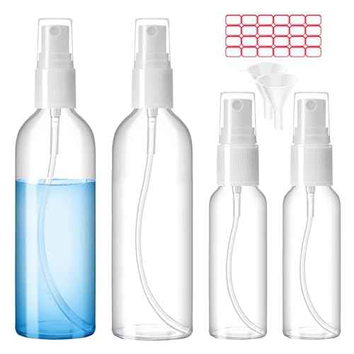 Spray Bottles, 2oz/50ml, 3.4oz/100ml Clear Empty Fine Mist Plastic Mini Travel Bottle Set, Small Refillable Liquid Containers with 2pcs Funnels and 24pcs Labels (4 Pack)