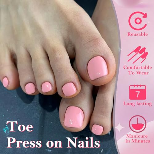 AddFavor Pink Press On Toenails for Women - 240pcs Fake Toe Nails with Adhesive Tabs