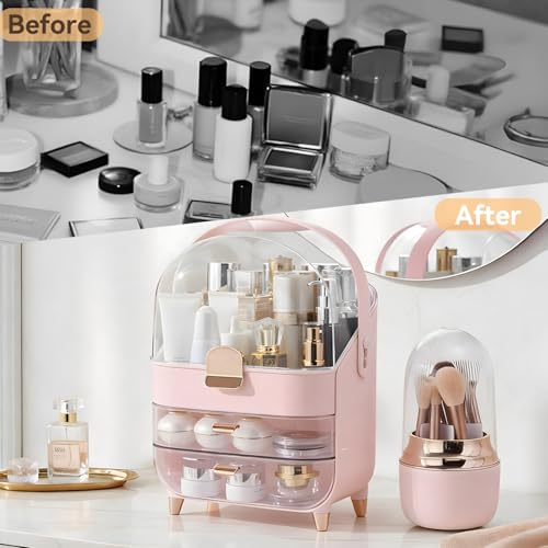 Large Pink Makeup Organizer with Brush Holder & Drawers