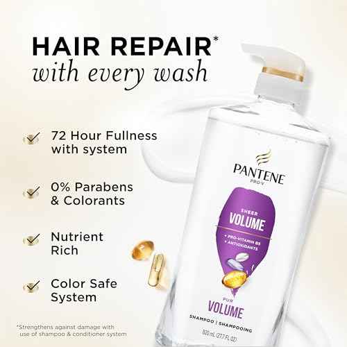 Pantene Shampoo, Sheer Volume - 72-Hour Fullness, Lightweight Nourishment with Pro-Vitamin B5 + Antioxidants, Fine, Thin, Color-Treated Hair, Paraben Free, Remove Build Up for Body & Shine, 27.7 Fl Oz