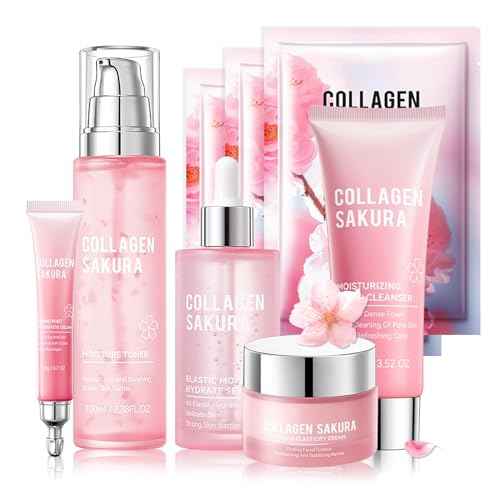Skin Care Set-Travel Skincare Kit-Collagen Sakura Set with Mask,Eye Cream,Cleanser,Serum,Face Cream,Toner for Gift Sets for Teen Girls,Facial Skin Care Sets for Women Wife Teen Girls