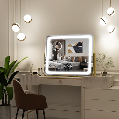 FENNIO Gold Vanity Mirror with Lights 22"x19" LED Makeup