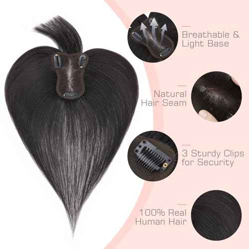Hairro 100% Human Hair Toppers with Bangs, 360¡Æ Cover 3D Clips on Thin Hairpieces for Women, 3.15"x4.33" Silk Base Lightweight for Covering Greyish Hair on Top, 11 Inch Natural Black