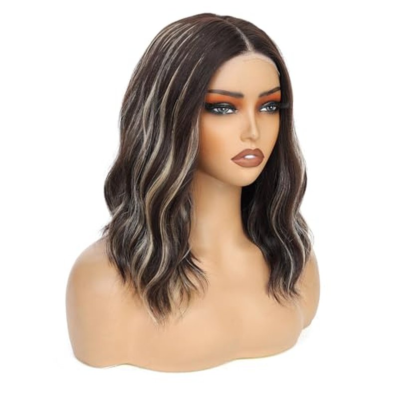 14 Inch Short Wavy Wig Brown Blonde Highlight Lace