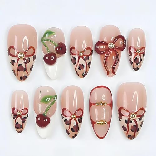 3D Cherry Bow Leopard Print Press On Nails - Long Almond Acrylic Set