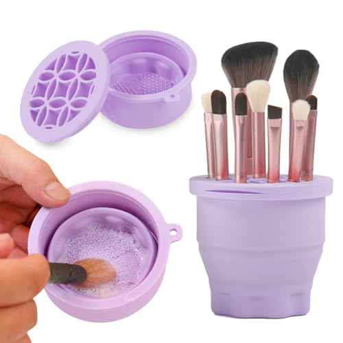 Makeup Brushes Cleaner Mat with Brush Storage Holder, Folding Portable Washing Tool for Makeup Brush Cleaning, 2 In 1 Silicone Brush Cleaner Pad & Cosmetic Brush Organizer Rack (Purple)