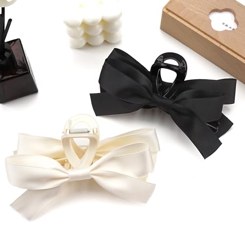 Ayesha Bow Hair Accessories: Jaw Clips, Barrettes, Big Hair Bows & Ribbon Hair Claws in 2 Colors for Women & Girls (Black & Cream)