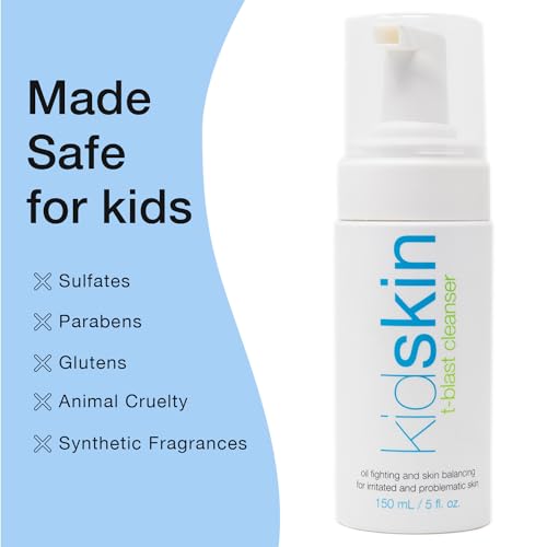 Kidskin T-Blast Facial Cleanser, Gentle Face Wash with Tea Tree Oil, Spot Skin Care for Kids and Teens, Non-Drying Natural Cleanser for Oily or Dry, Acne-Prone Skin, 150 ml 5.0 fl oz.