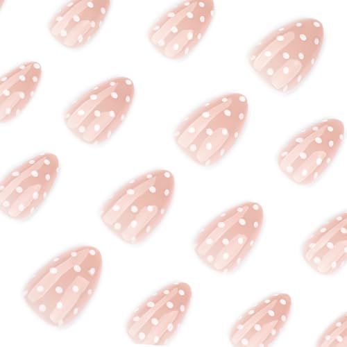 HPYFOI Style-6 Short Almond Press On Nails with Polka Dots, Medium, 30pcs