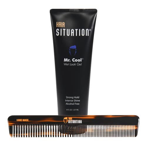 Men's Wet Look Hair Gel & Fine-Wide Tooth Styling Comb Set - Strong Hold, Shine & Precision Grooming