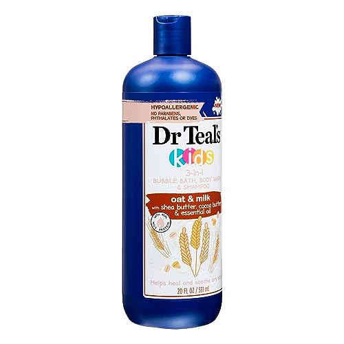 Dr Teal's Oat & Milk with Shea Butter, Cocoa Butter & Essential Oil 3-in-1 Bubble Bath, Body Wash, & Shampoo, 20 Fl Oz