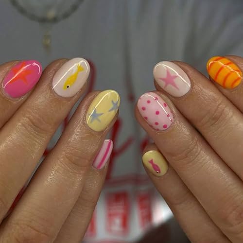 Short Oval Press On Nails Set with Polka Dot & Striped Designs - 24 Pcs