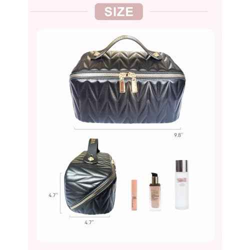 Travel Makeup Bag for Women, Large Capacity Cosmetic Bags for Girls, Compact Pouch Make up Organizer, Waterproof Toiletry Bag with Divider and Handle (Black)