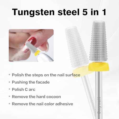 5 in 1 Nail Drill Bit, Tungsten Carbide Multi-Function Bit for Acrylic Nails, Hard Gels, Cuticles Removal, 3/32" Shank, Two-Way Rotation for Left & Right-Handed Use (XF Grit, SILVER)