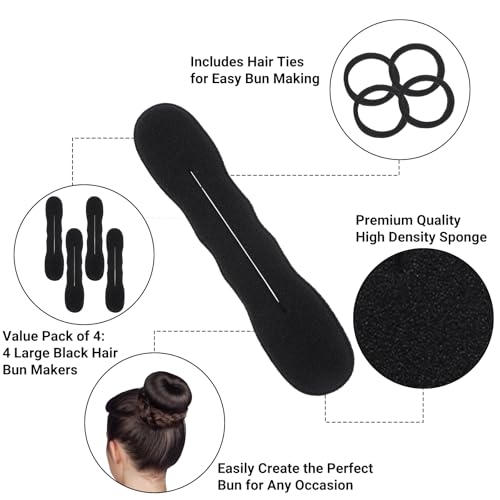 Black Hair Bun Maker Set with Non-Slip Foam Curler & Ties - Reusable Styling Accessories