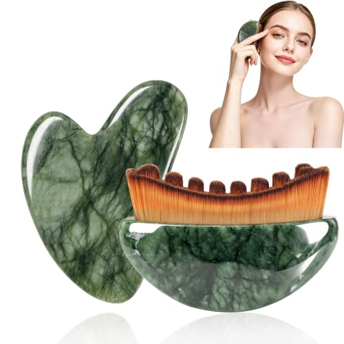 WHAL&YUNE Jade Gua Sha & Facial Contour Brush Set for Lymphatic Drainage