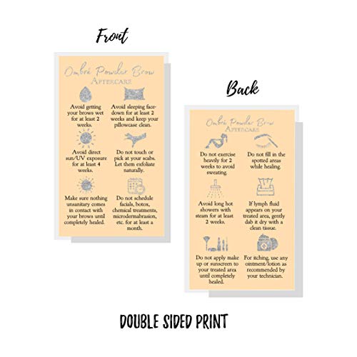 Ombre Powder Brow Aftercare Instructions Cards | Package of 50 | Double Sided Size 2x3.5" inches Business Card | Tan with Silver Glitter Look Design