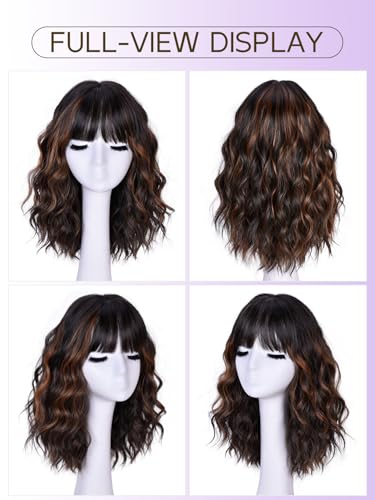 Short Wavy Wig with Bangs - 16in Brown Synthetic Hair