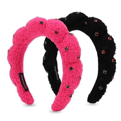 Wecoe 2pcs Rhinestone Skincare Headbands For Washing Face Hot Pink Black Fluffy Spa Headbands Makeup Headband Face Wash Puffy Sponge Bubble Headband Hair Accessories For Women Girls Kids Teens Gifts