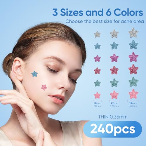 Pimple Patches for Face, Hydrocolloid Acne Patches, Sparkling Star Zit Covers, Colorful Spot Stickers with Tea Tree, Salicylic Acid & Cica Oil| 3 Sizes (10mm, 12mm & 14mm) |240 Count