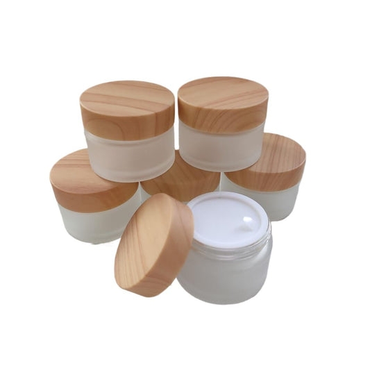 1 Oz Frosted Glass Cosmetic Containers with Wood Grain Lids, 30ml Travel Empty Makeup Jar Pot Box, Refillable Sample Jars for Lotion Face Cream Lip Balm Eyeshadow Storage (30 Grams, 6 Pack)