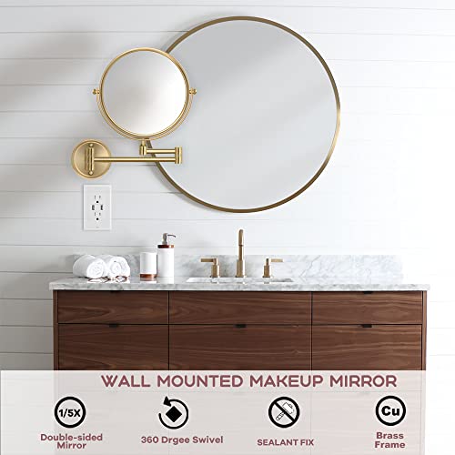 8 Inch Bathroom Makeup Mirror Wall Mounted Gold, 360 Swivel Vanity Mirror with Magnification, Extendable Arm, 1X/5X Two-Sided, Brass Material, Brushed Light Gold