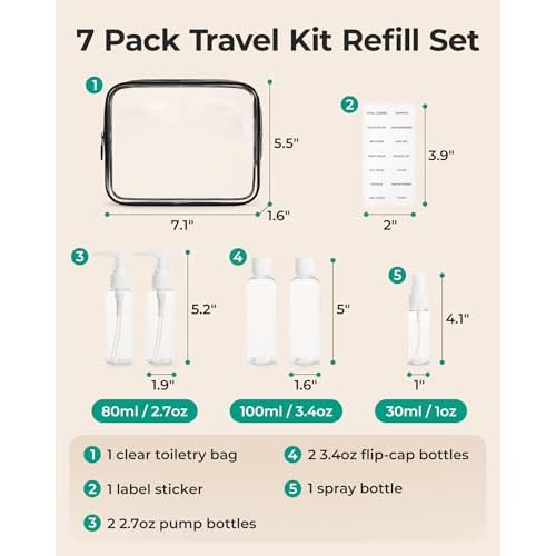 BAGSMART 7 Pack Clear Toiletry Bag with Refillable Travel Bottles Set, TSA Approved Travel Toiletry Bag Water Repellent Carry on Travel Accessories Bag Airport Airline Quart Size Bags, Black