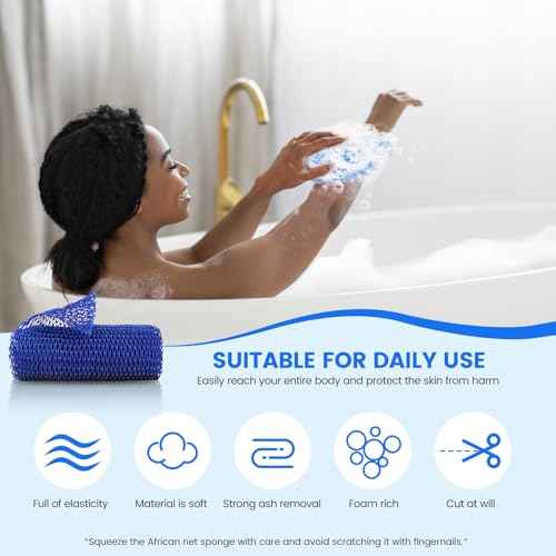 African Net Sponge, Authentic Exfoliating Body Scrubber for Bath and Shower, Multiple Textures with Gentle Deep Exfoliating and Rich Lather for All Skins (Blue)
