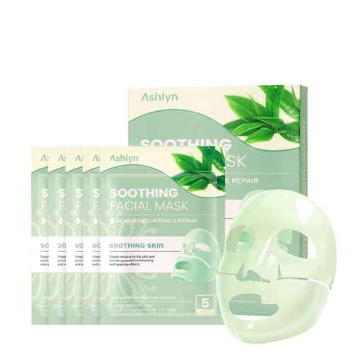 Ashlyn Green Tea Soothing Collagen Face Mask - Overnight Hydrating Sheet Mask with Hyaluronic Acid & Collagen for Sensitive Skin, Deep Moisture Calming Relief for Glass Skin, 35g, 5ea