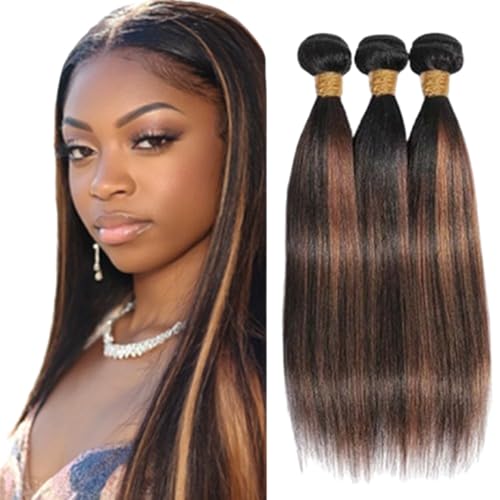 BilltiiWW Brown With Highlight P1B30 Straight Bundles 1B and Light Brown Straight Bundles two tone Brazilian Hair Extensions Soft and Silky for Women 12 14 16 Inch
