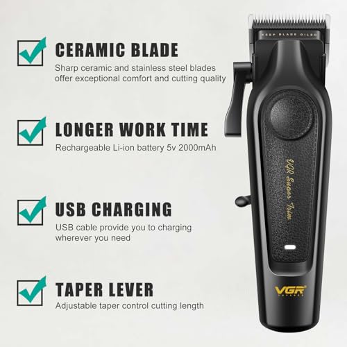 VGR 197 Professional Hair Clippers for Men, Cordless & Corded Barber Clippers with Ceramic Stainless Steel Blades, LED Indicator, Hair Cutting Kit with 6 Guide Combs & Grooming Accessories