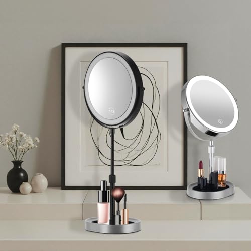 JOYOHMLTD Matte Black Rechargeable Lighted Makeup Mirror 8-inch Dual-Sided 1X/10X with Touch Control & Dimmable Lights