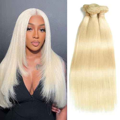 613 Bundles Human Hair 3Bundles Light Blonde Color Real Human Hair Bundles Extensions 613 Straight Human Hair 3Bundles (101214 Inch)