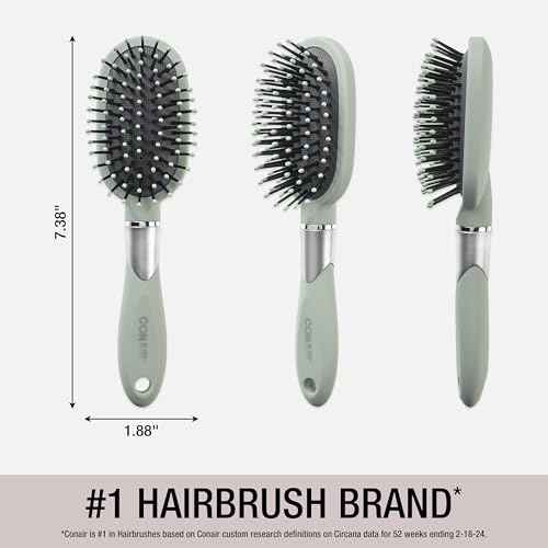 Conair Velvet Touch oval cushion hair brush - Travel Hairbrush- Detangling - ideal for curly or straight styles - detangler brushes - women or men - Sage Green