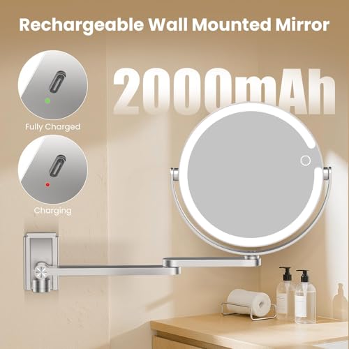 Wall Mounted Makeup Mirror with Lights, 8-inch 20X/1X Magnifying Mirror, Rechargeable LED Vanity Mirror with 3 Color Lights, 360¡Æ Swivel & Extendable Arm