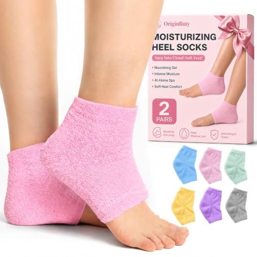 Originbuty Pink Moisturizing Heel Socks for Dry Cracked Feet, Silicone Foot Spa Treatment