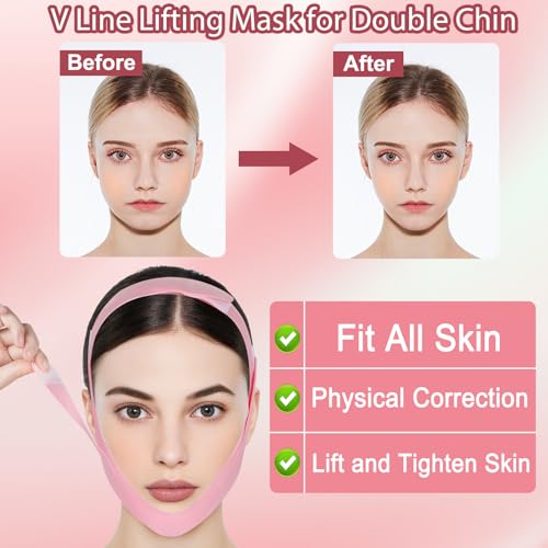 V Line Lifting Mask, Soft Silicone Double Chin Reducer, Chin Strap for Sleeping - Jawline Shaper - Face Lifting Strap 23-27 Inches (Pink)