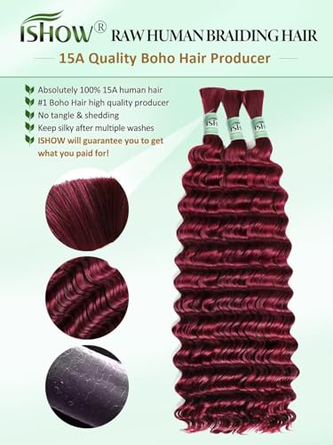 ISHOW 24 Inch Deep Wave Bulk Human Hair - Red Burgundy 99J
