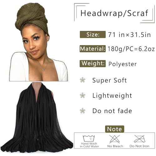 COOKOO 2 Piece Long Solid Color Stretch Head Wrap African Women's Jersey Turban Fashion Head Scarf Ultra Soft Extra Long Headwraps Lightweight Breathable Head Bands Ties for Women(Black+Army Green)