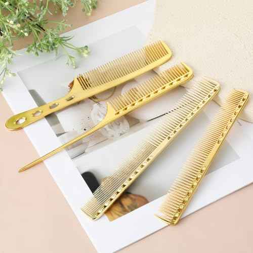 Professional Barber Aluminum Comb Set Metal Combs for Cutting Comb Hair Hairdressing Tail Comb (Golden)