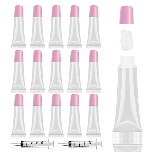 AMORIX 50PCS Lip Gloss Tubes Empty 10ml Pink Cap Lip Gloss Containers Lip Balm Tubes Cute Squeeze Tubes Lipgloss Making Supplies + 2 x 20ml Syringes Tag Labels for Lip Gloss Base