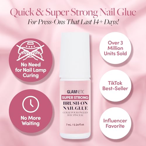 Glamnetic Press On Nails & Brush On Nail Glue Bundle - All Time Love | Short Almond Fake Nails with French Tips and Leaf Accents | 15 Sizes - 30 Nail Kit with Glue | Reusable, Salon-Quality Fake Nail