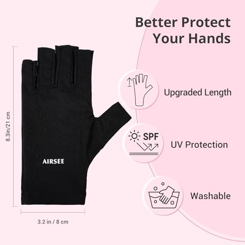 AIRSEE UPF 50+ UV Protection Gloves for Gel Nail Lamp Manicure - Black