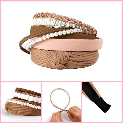 7 Pcs Headbands for Women Non Slip Headband Brown Knotted Headband for Women Pearl Headbands Different Fashion Headbands Hair Accessories