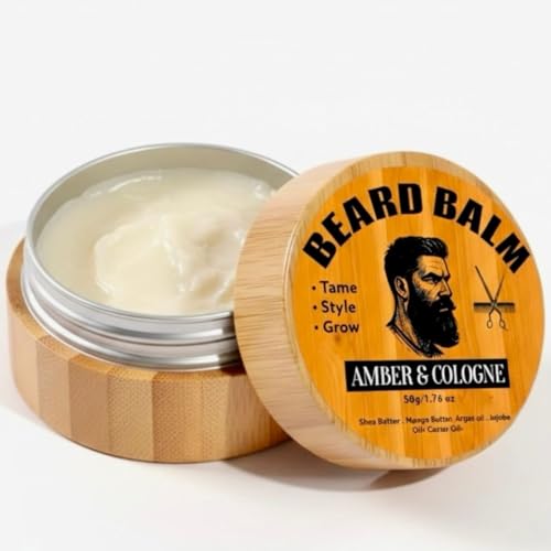 Beard Balm for Men, Cologne and Amber Scented natural ingredients beard butter with Castor oil, Shea Butter, Jojoba Oil, Argan Oil.