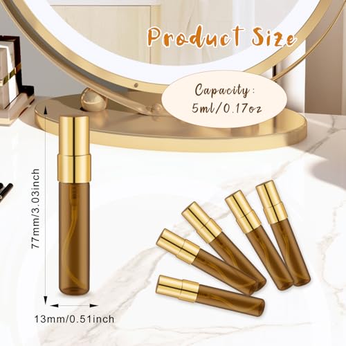 30 Pcs Golden Vials Mini Spray Bottle Amber Glass Fine Mist Perfume Empty Sample Containers with Lids for Travel Cleaning Essential Oils - 5ml/0.17oz