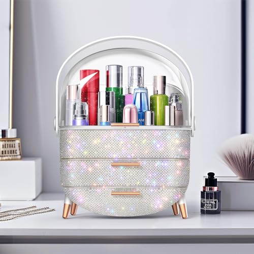 Makeup Organizer For Teen Girl Birthday Gifts, Cosmetic Display Cases with Transparent Cover, Skincare Organizers for Vanity, Perfume Organizer, Lotions Display Case, Lipstick Organizer (Rhinestone)