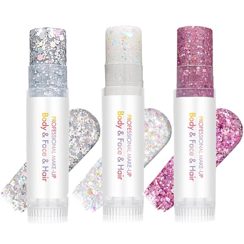 3 Pcs Body Glitter Stick, Holographic Sparkly Shimmer Face Glitter Gel Makeup for Face Body Hair Eyes & Lips, Halloween Chunky Glitter Sparkling Mermaid Sequins (White, Silver, Pink)