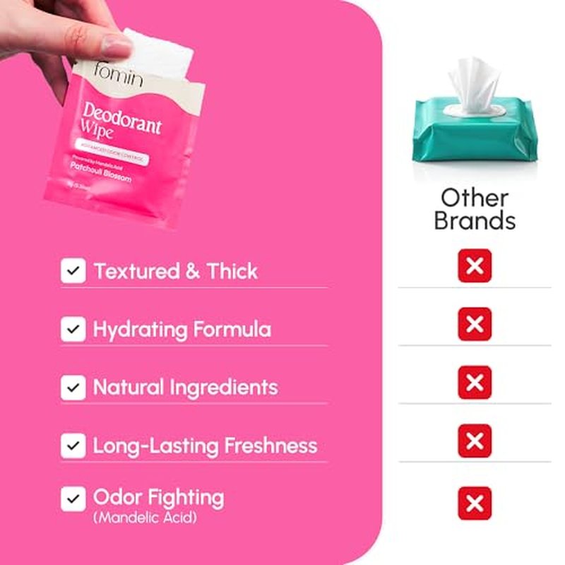 FOMIN Travel Deodorant Wipes - 15 Count, Patchouli Blossom, pH Balanced
