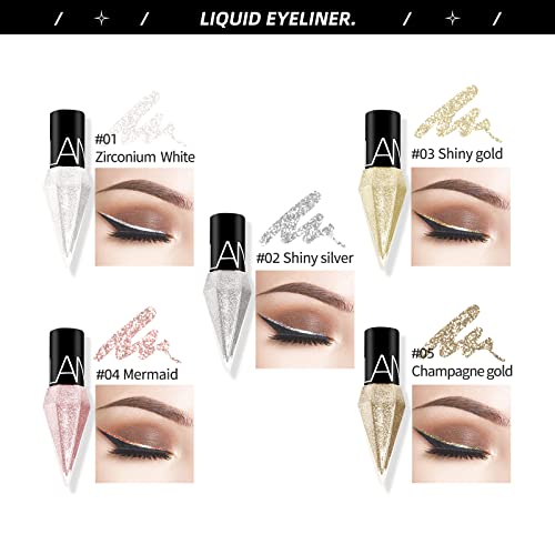 LAMUSELAND Glitter Liquid Eyeliner Set, 5 Colors/Pack Metallic Shimmer Pigment Liquid Eye Liner Pen, Diamond Waterproof Long Lasting Colorful Eyeshadow Makeup Set for Women Girls (5pcs)